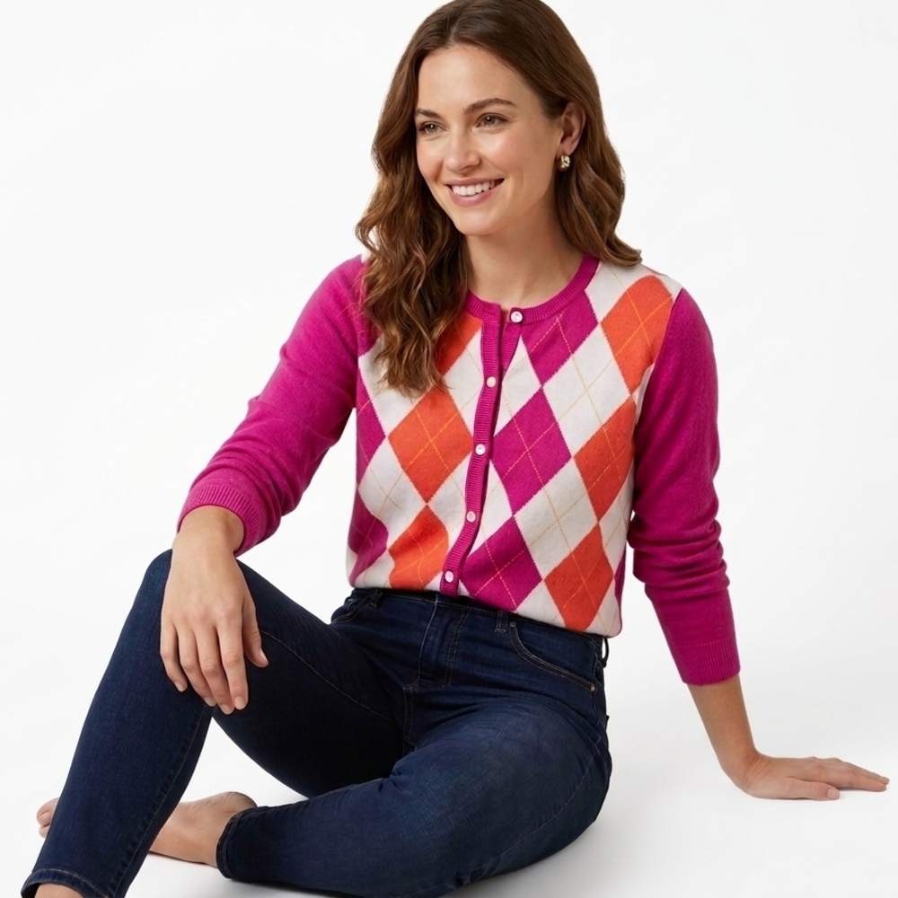 J. Crew Pink and Orange Argyle Button-Front Cardigan